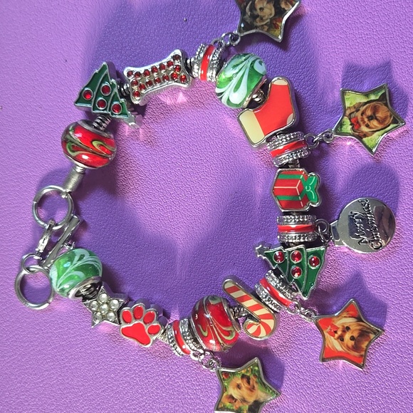 Christmas Charm Bracelet with Yorkshire Terrier Theme Festive Accents - Picture 1 of 6